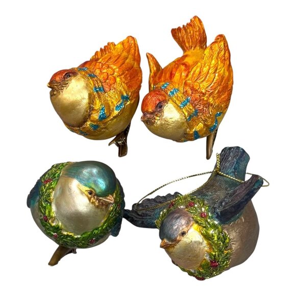Set Of 4 Hand-Painted Glass Christmas Bird Ornaments Clip On Holiday Scarf VTG - Picture 1 of 7